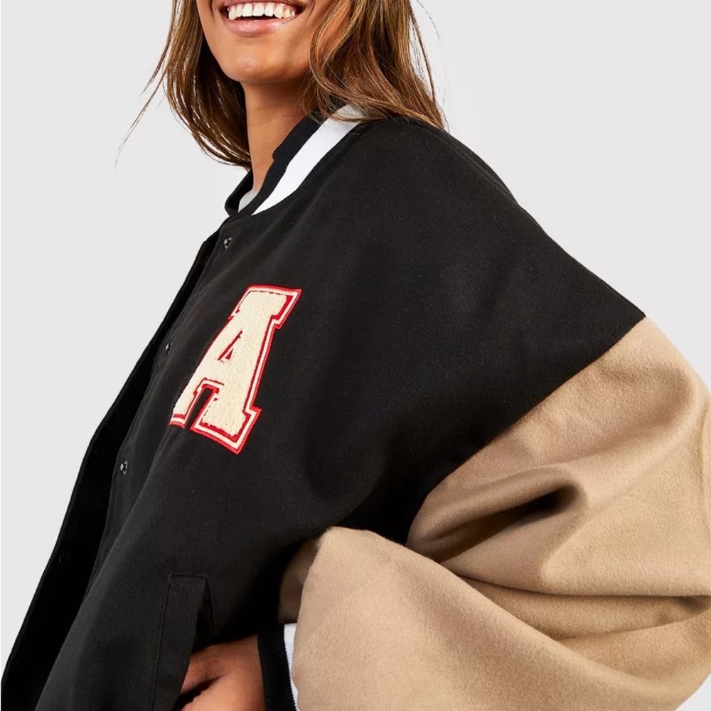 Boohoo Black And Tan Varsity Jacket